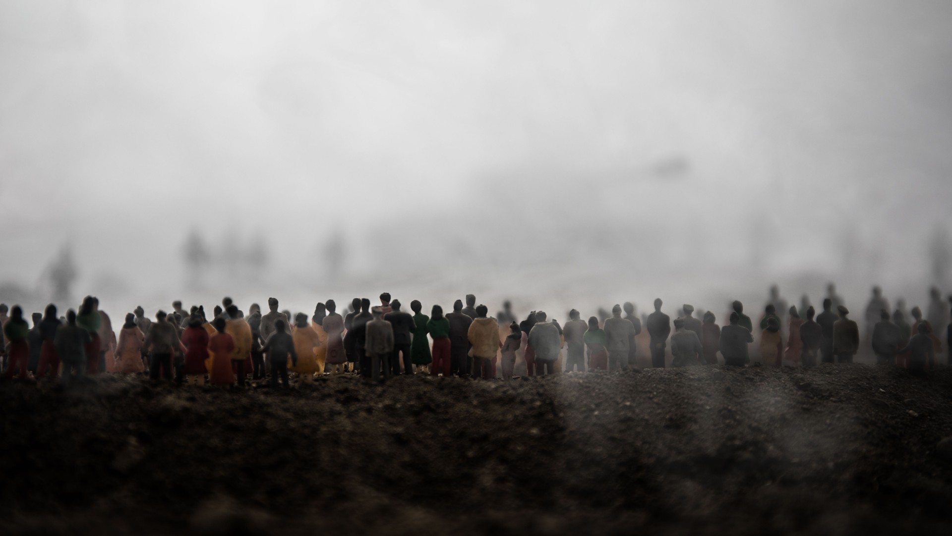 Captured by enemy concept. Military silhouettes and crowd on war fog sky background. World War Soldiers and armored vehicles movement while scared people watching. Artwork decoration.